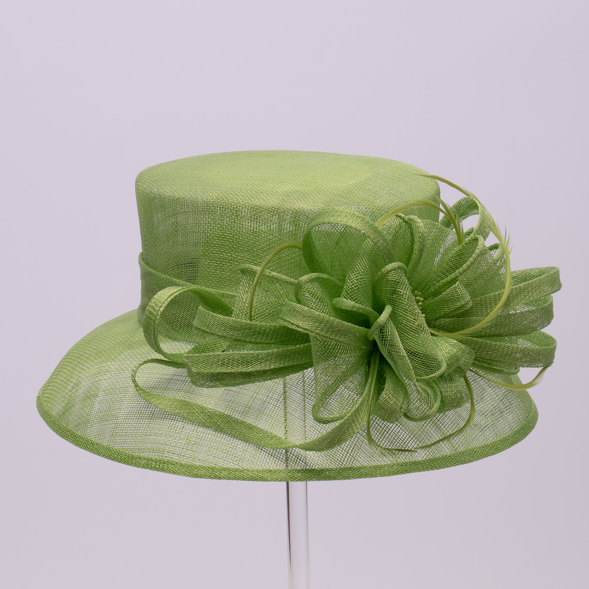 Lime Medium Brimmed Hat Front With Sinamay Stripe Bow | KAKYCO