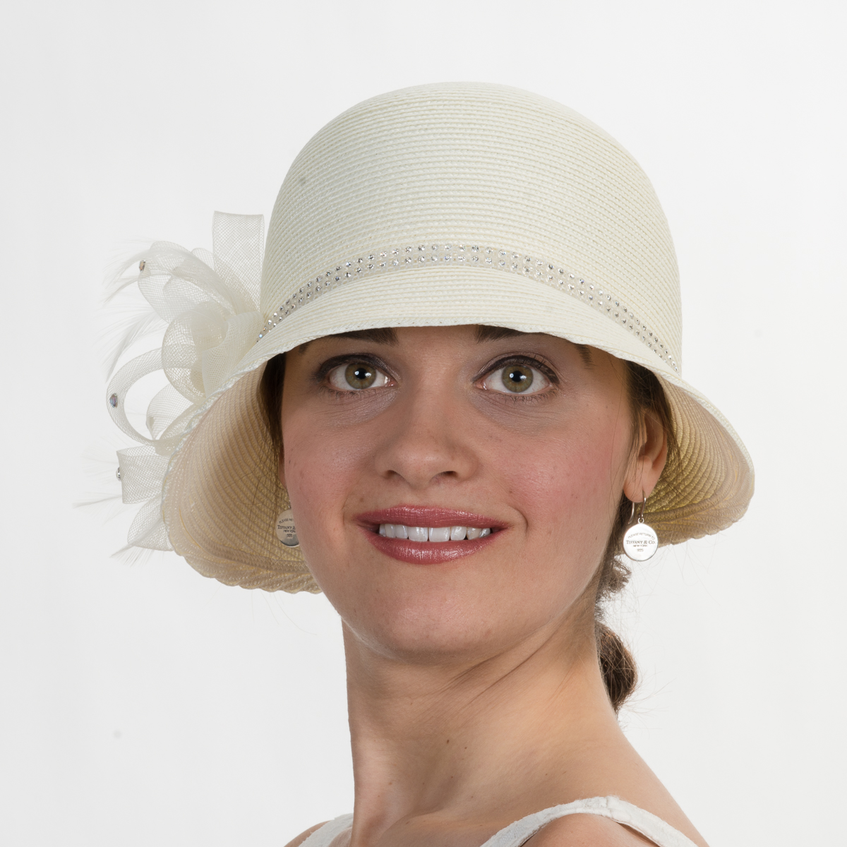 Ivory Rhinestone Band Crinoline Bow Cloche Hats-301767-IV